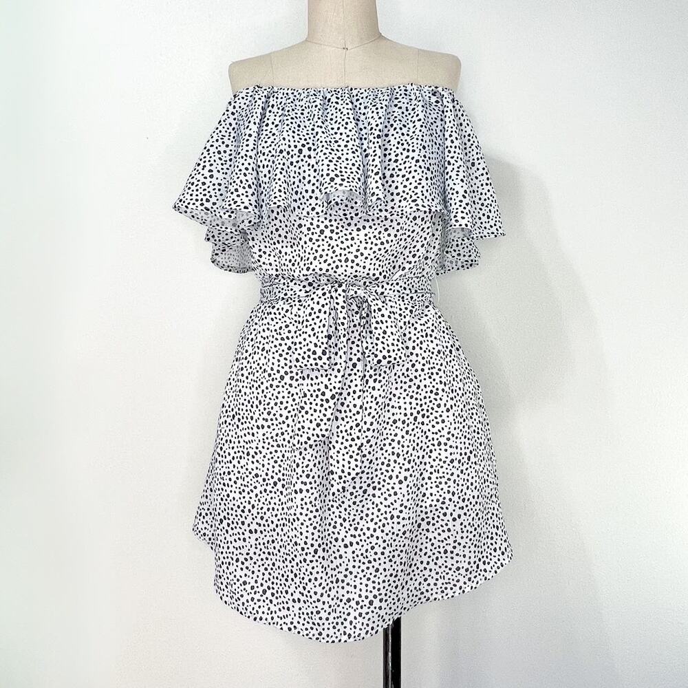 White and Black Polka Dot Off Shoulder Belted Mini Dress Small